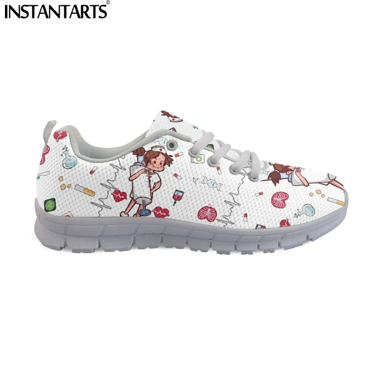 INSTANTARTS Women Lace Up Nurse Shoes Syringe Medical Heartbeat Pattern Female Casual Mesh Flats Sneaker Girls Zapatillas Mujer