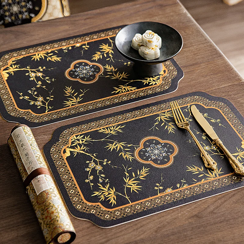 Faux Leather Placemats,PU Table Mats,Chinese Flower Bird Print,Waterproof,Stain Resistant,Heat Resistant,Non-Slip,Black,Gold