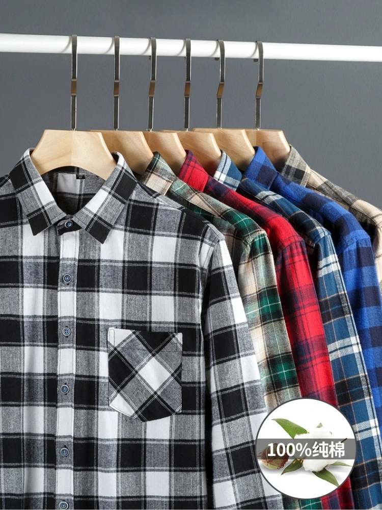 Fits 160 KG 11XL 10XL 9XL-S 100 Cotton Men's Plaid Flannel Shirts Long Sleeve with Pockets Casual Shirt Men Long Sleeve Slim Fit