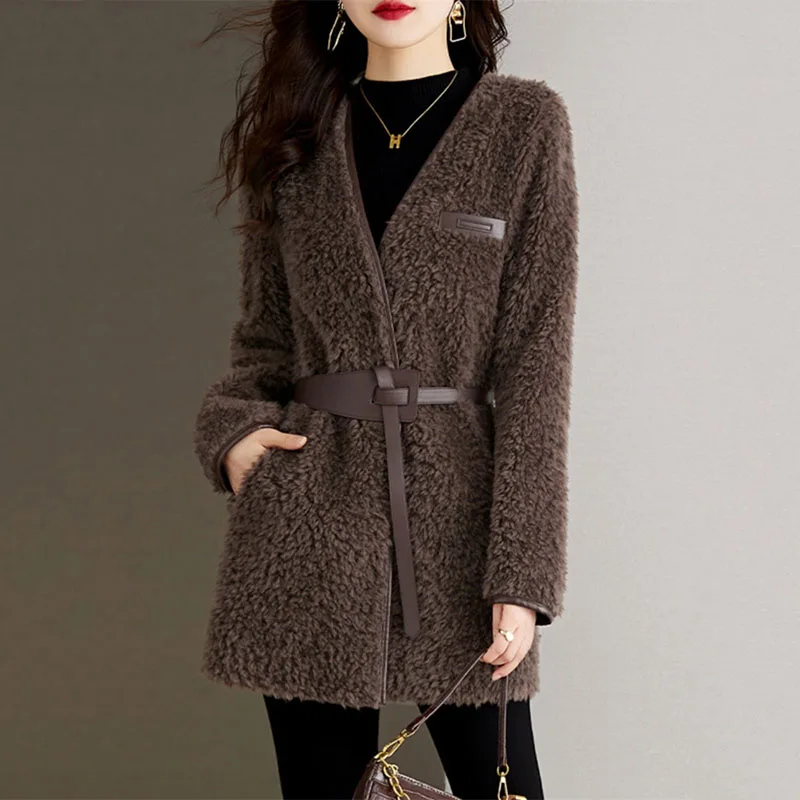 Granular Lamb Fur Coat Women's Overcoat Spring Autumn Winter Coat Medium Long V Neck Thickened Fur One-piece Outerwear Female