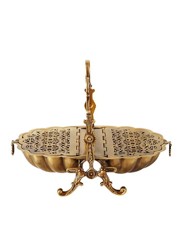 European American Imported Brass Hollow Foldable Dried Fruit Basket Luxury Coffee Table Candy Storage Tray Creative Ornaments