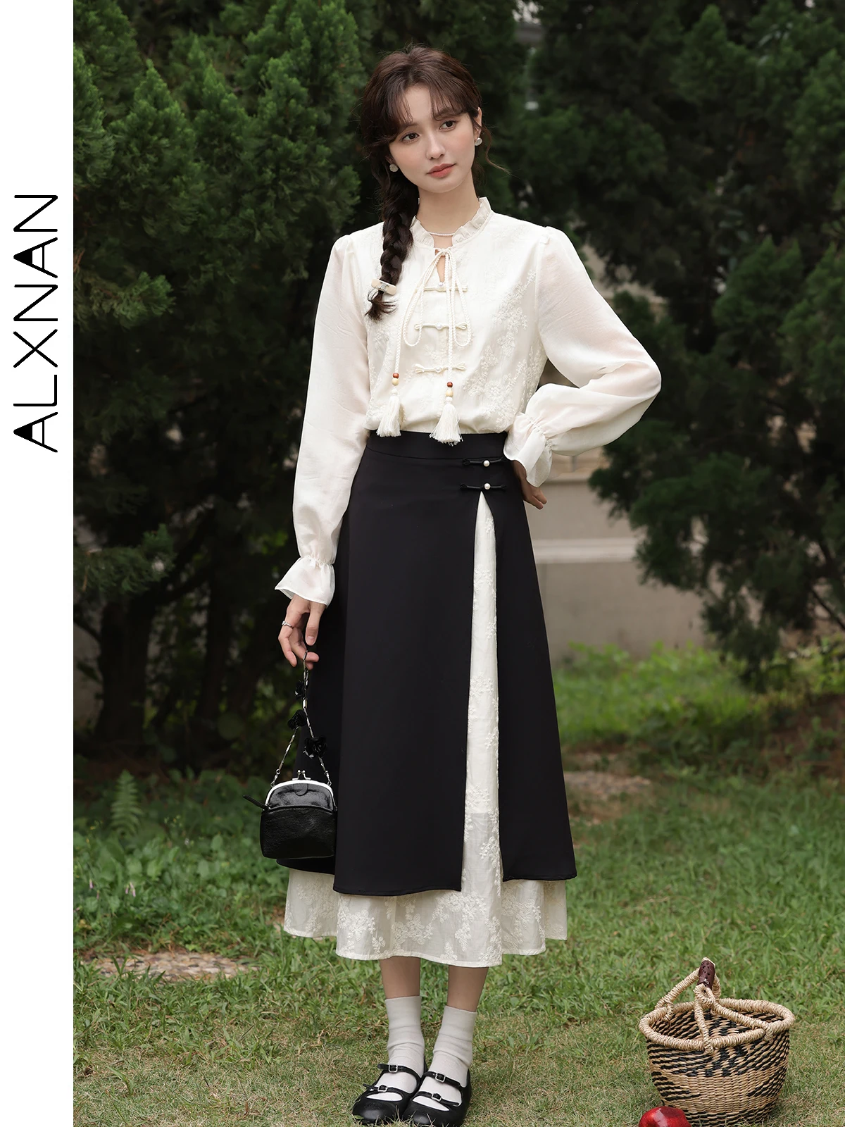 

ALXNAN High Waist Patchwork Midi Skirts for Women 2024 Spring Summer Chinese Style Contrast A Line Skirt Female Clothing L33559