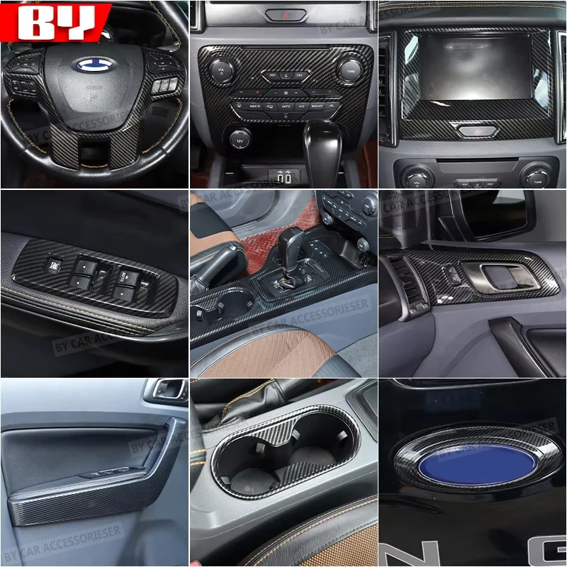 For Ford RANGER T6 T7 T8 2015-2021 ABS Carbon Fiber Color Car Interior Gear Shift Panel Door Handles Outer Frame Cover Trim view 2