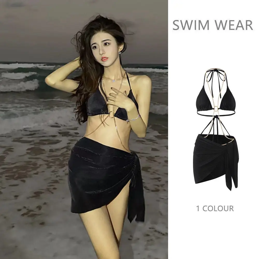 

Swimsuit women's pure desire chain sexy split triangle bikini three-piece set, tulle vacation hot spring swimming outfit