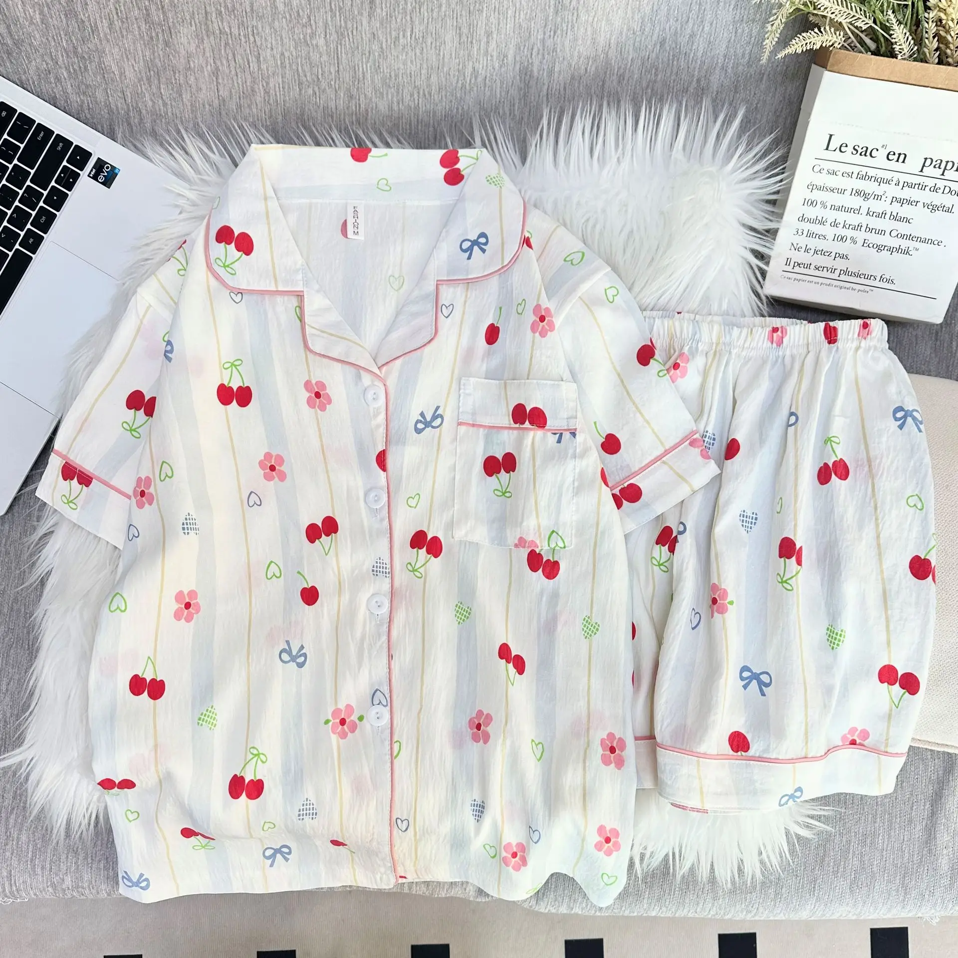 

Pajama Women's Summer Short Sleeved Cardigan Can Be Worn Externally New Soft Casual Striped High-End Sweet Home Suit Set