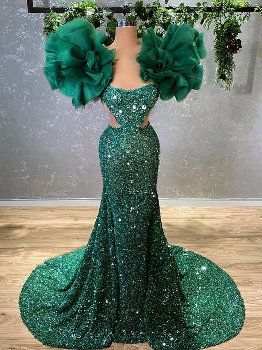 

Hunter Green Mermaid Prom Dresses Sequins Tiered Ruffles Evening Dress Custom Made High Neck Floor Length Party Gown