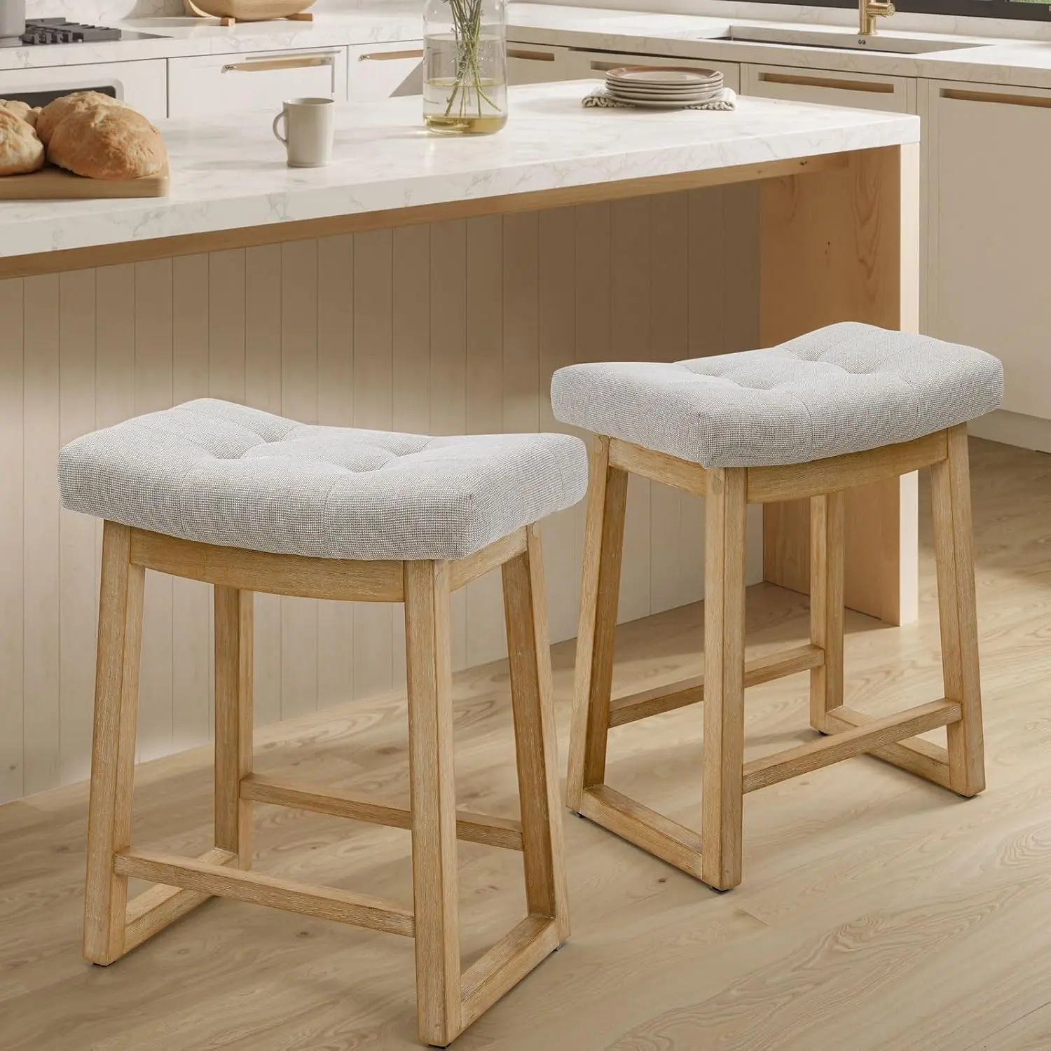 

Набор из 2-х барных стульев без спинки, 24 дюйма, с обивкой, на деревянных ножках, для кухонного острова, в стиле фермерский дом, бежевые, на заказ