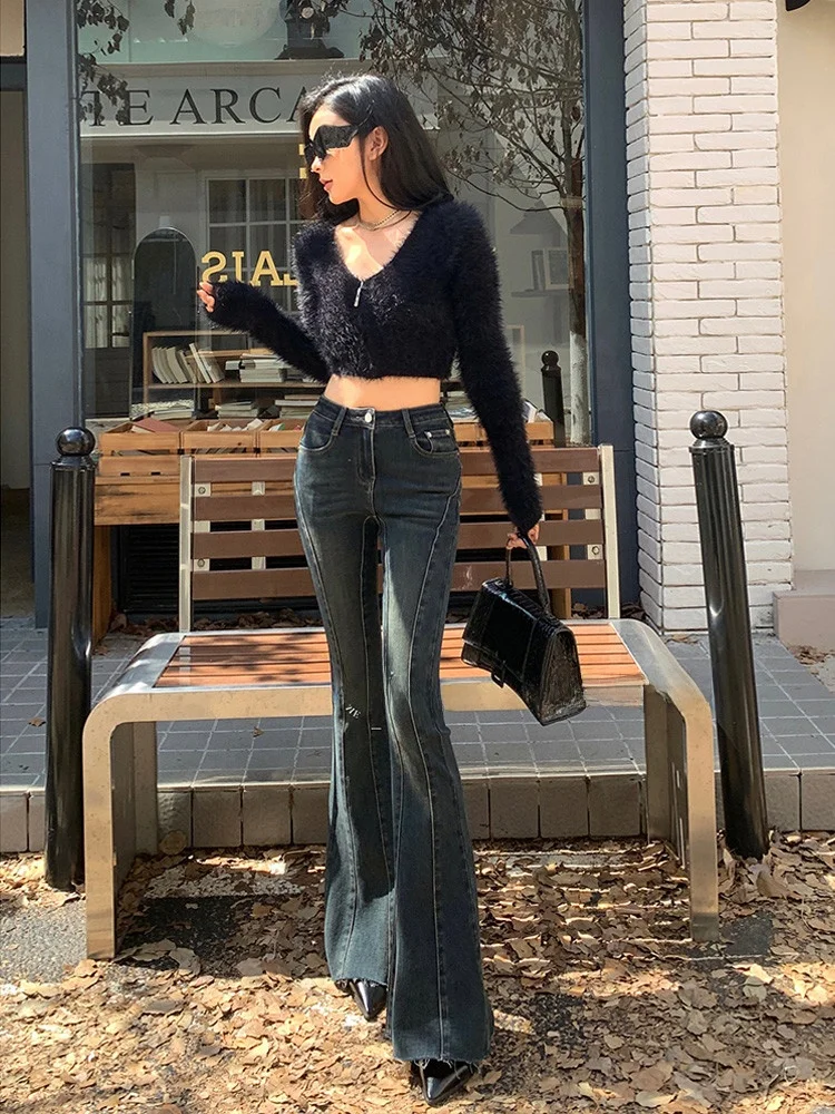 

Джинсы женские с высокой талией, расклешенные, облегающие, темно-синие, длинные, в американском ретро-стиле, с необработанным краем, длина до щиколотки