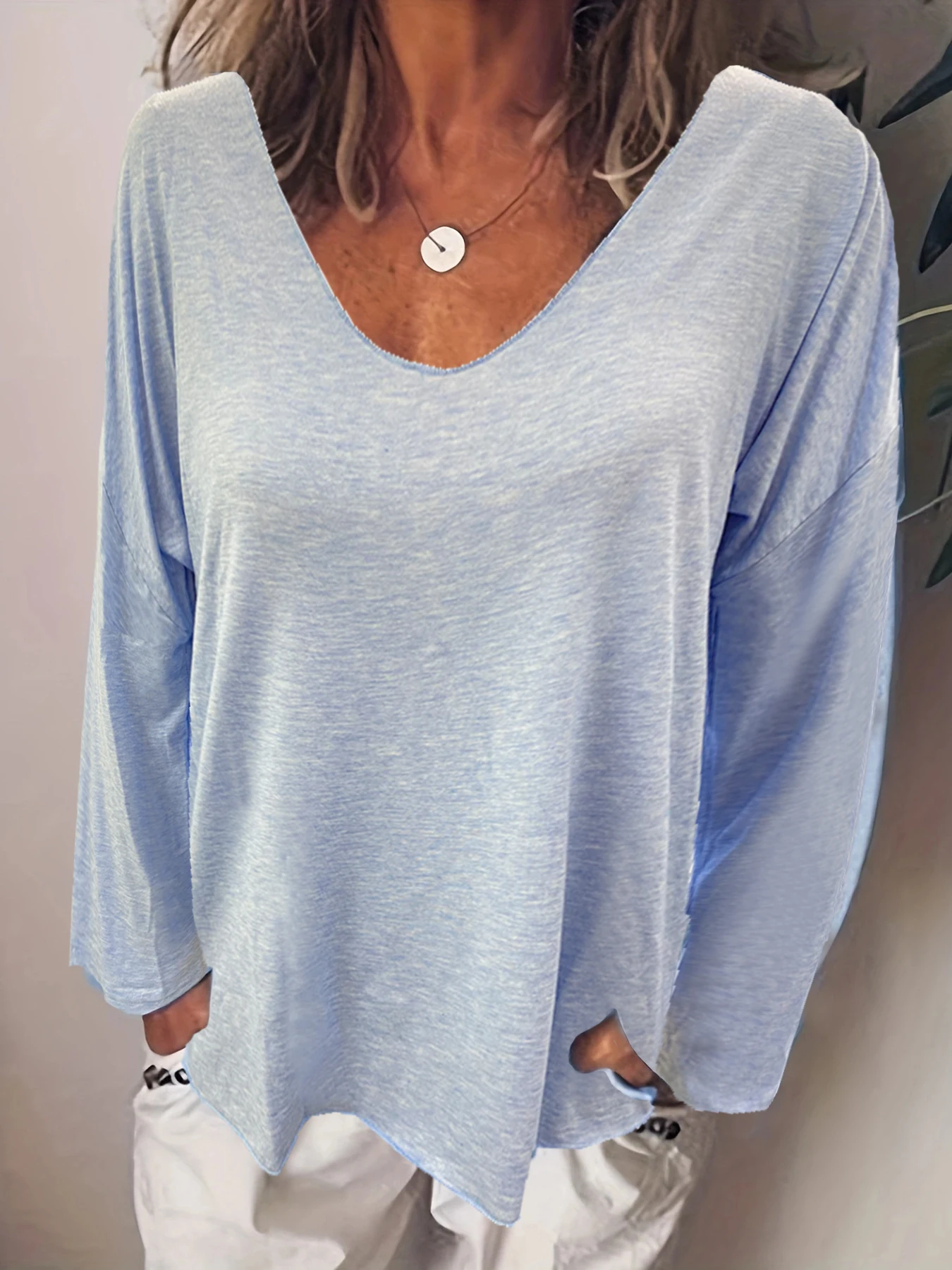 Fashion Summer New Women T-Shirt Solid Color Casual Versatile Loose Tops V-Neck Blouses Long Sleeve Shirt Perspective Y2K Tops