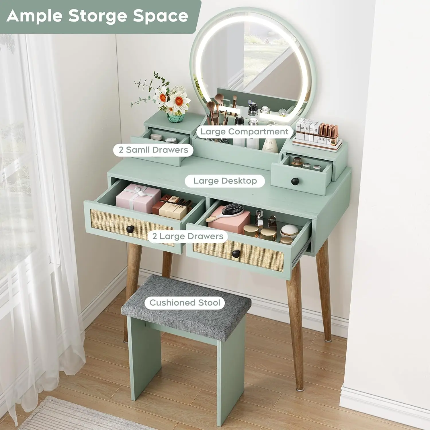 Bedroom Natural Rattan Mint Vanity Desk with Adjustable Lighted Mirror view 2