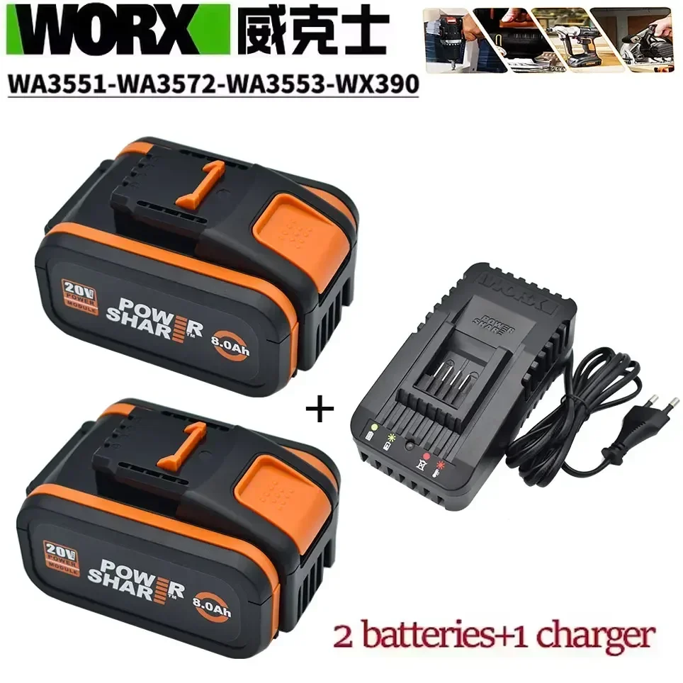 Worx Original 20V 8,0Ah Lithium-Akku, wiederaufladbar, WA3553 WA3551 WA3553.1 WA3570 für alle WORX Elektro- und Gartenwerkzeuge