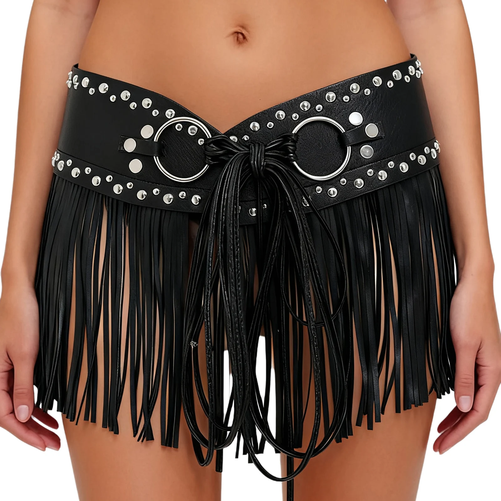 النساء البخار الشرير فو الجلود حزام الخصر المسامير ديكور شرابة هامش قابل للتعديل حزام عريض هالوين المحارب تأثيري التبعي