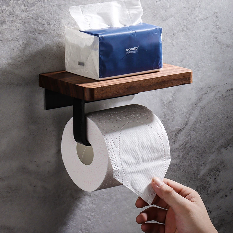 

Creative solid wood paper towel rack Punch free wooden toilet paper holder Toilet rack Black walnut Toilet roll holder rack