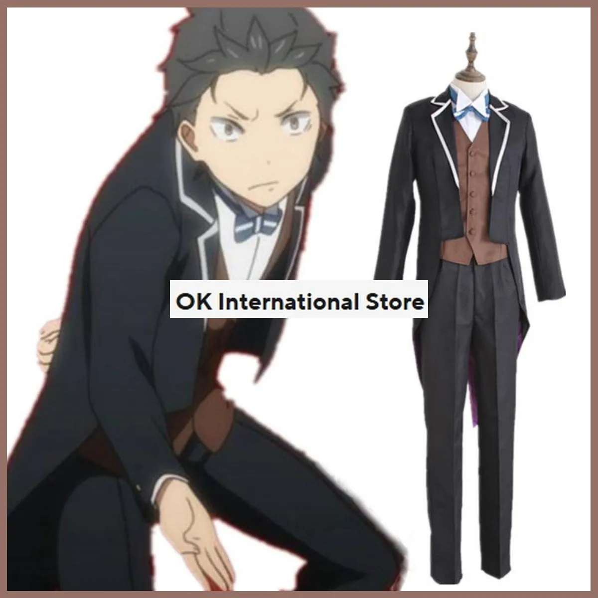 Anime Re:Life in A Different World From Zero Natsuki Subaru Cosplay Costume Wig Tailcoat Jacket Uniform Shirt Man Halloween Suit