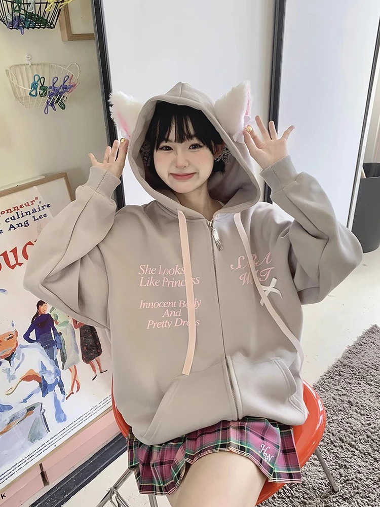 Y2k Korean Hoodies Women Spring Loose Cute Cat Ears Bow Design Hooded Zipper Jacket Cardigan Harajuku Casual Oversize Coats 2024