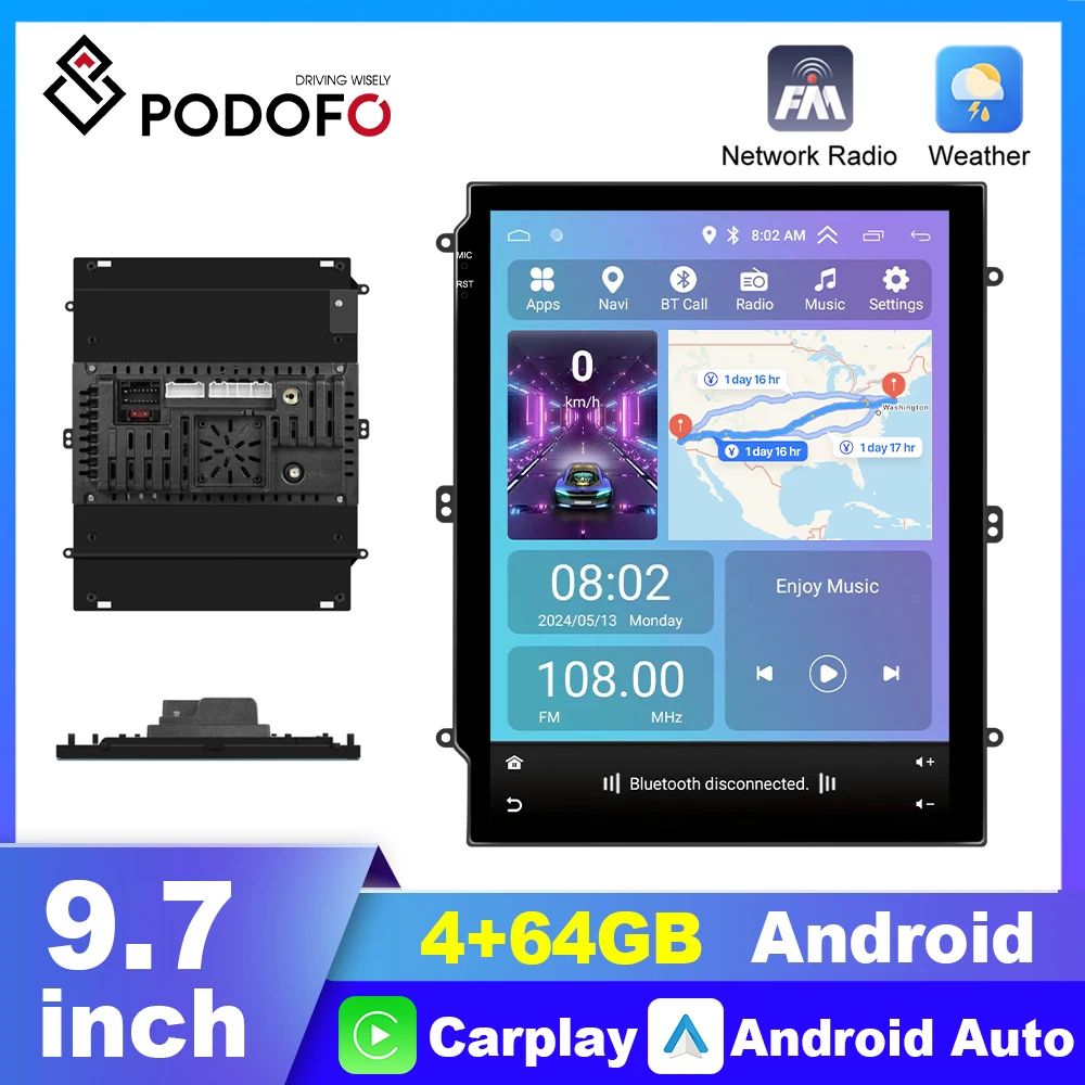 

Podofo 4+64G Android 9.7" Car Radio CarPlay Android Auto music player Multimedia Player Bluetooth GPS Mirror Link 2din autoradio