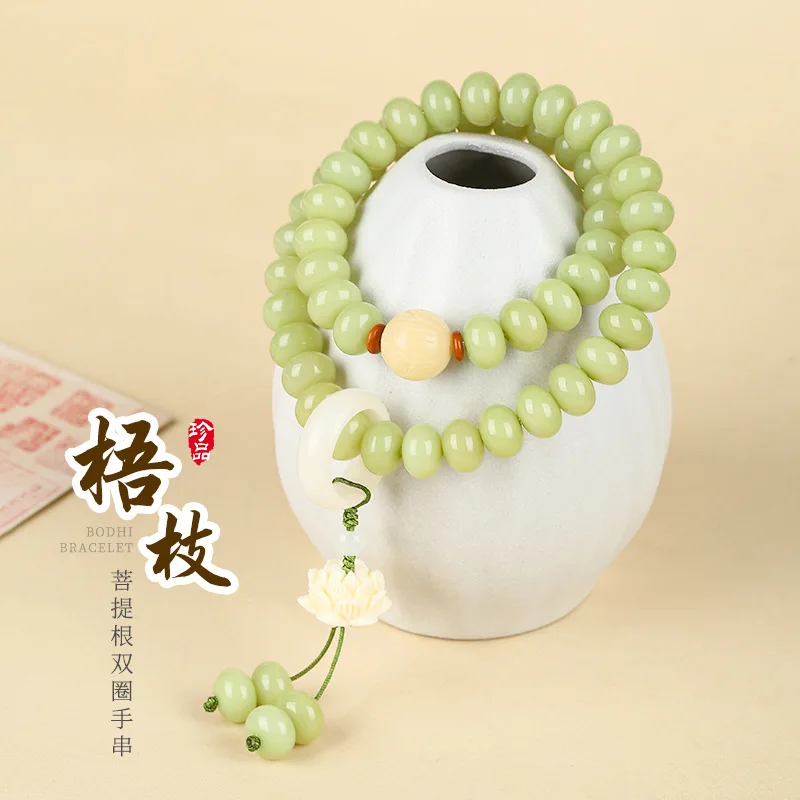 

108 natural Bodhi bracelets with multiple circles of green jade abacus beads, calligraphy necklace, neck hanging Buddha beads