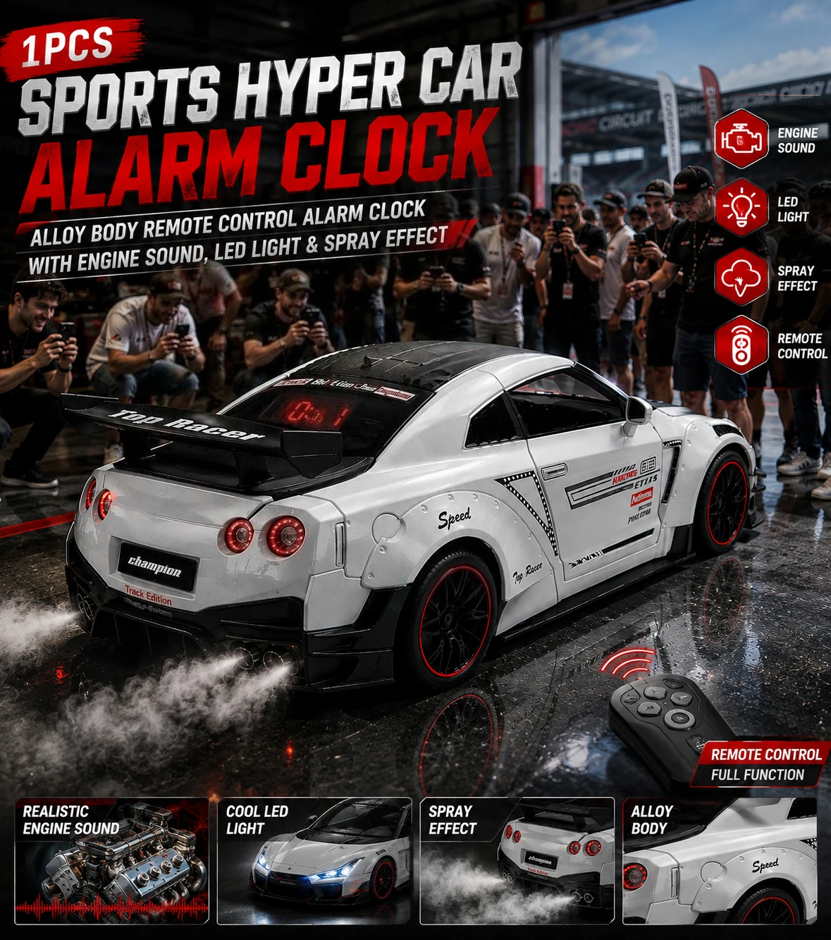 1PCS Sports Hyper Car Alarm Clock, Alloy Body Remote Control Alarm Clock with Engine Sound, LED Light & Spray Effect