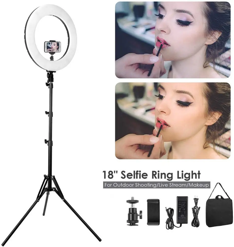 ไฟวงแหวน LED สำหรับถ่ายวิดีโอ 60W 3000-6000K ขนาดใหญ่ 18 นิ้ว พร้อมขาตั้ง ที่ยึดโทรศัพท์ แบตเตอรี่ และที่ชาร์จ