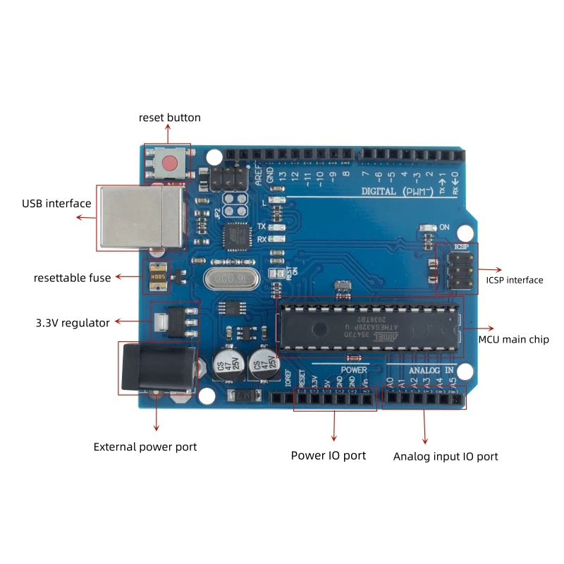 High-performance UNO R3 electronic development board module protoboard, built-in ATmega328P chip and ATMega16U2, support Arduino