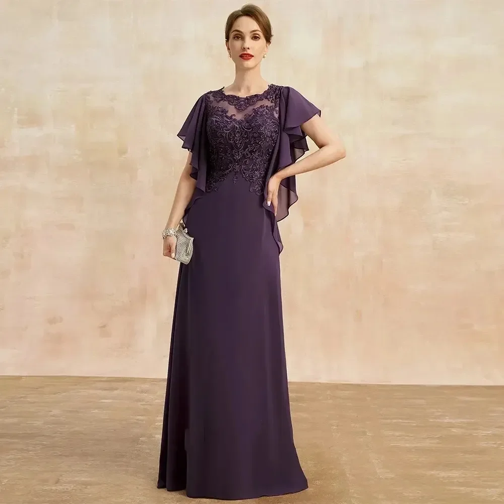 

2024 Grape Vintage Purple Mother of Bride Dress Jewel Lace Appliques Short Sleeves Chiffon A-line Godmother Wedding Party Gowns