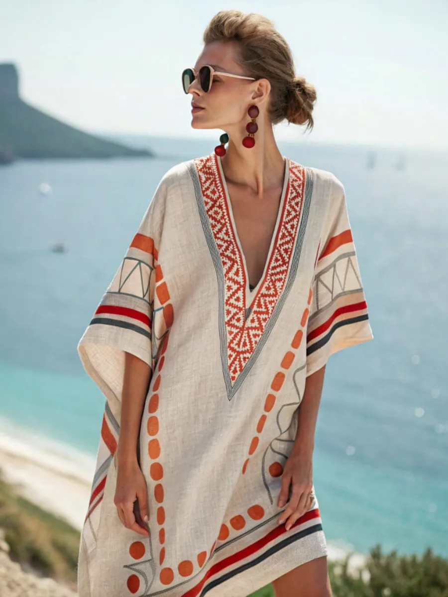 Women's Pareo Dress Boho Style V Neck Short Sleeve Dresses Midi Beach Dress Embroidered Geometric Print Vacation Dress Beige Red