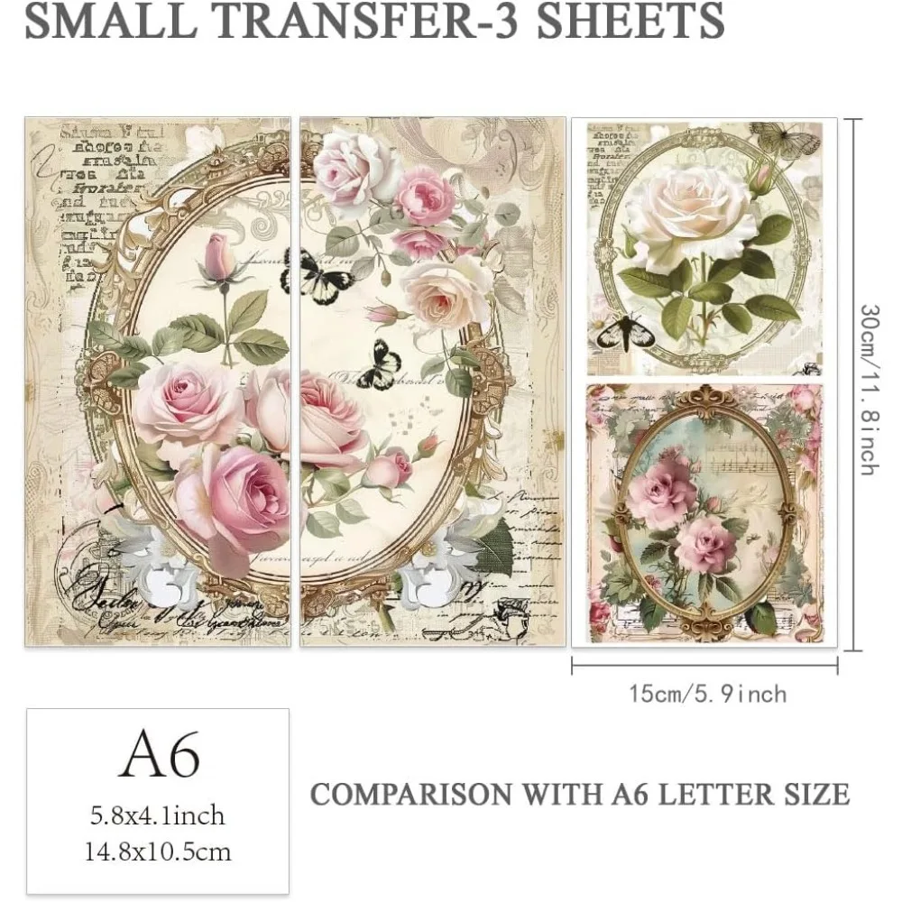 3pcs/Set Rose Rub on Transfers for Furniture and Crafts 6x12 inch Vintage Photo Frame Decor Transfer Stickers Floral Rub