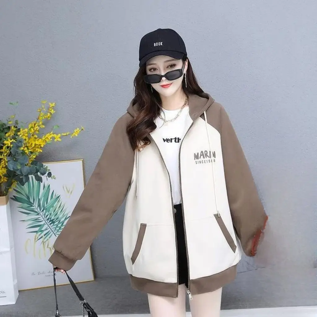 

Women's Fleece-Lined Cardigan Hooded Jacket Autumn Winter Loose Zipper Coat Composite Really over 350g