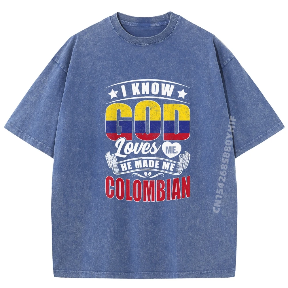 

Graphic T-shirts Men Funky Fashion Colombia Flag God Loves Me Luxury Designer Youth Tees Normal Camiseta Retro Washed T shirts