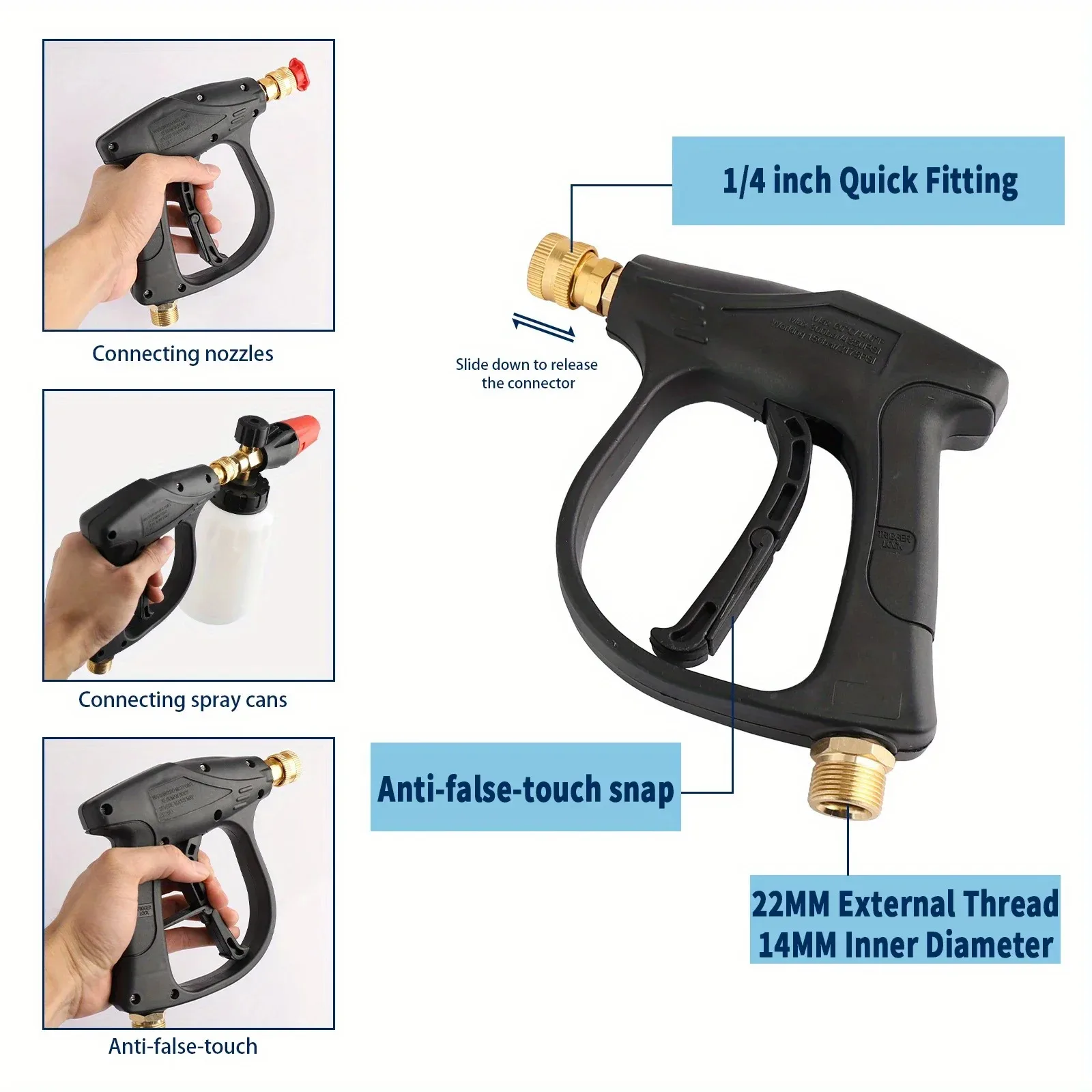 High Pressure Car Wash Gun with M22-14 Foam Cannon, 5 Spray Nozzles + 2 Cleaning Gloves, All-in-one Accessory Kit for Vehicle Ca