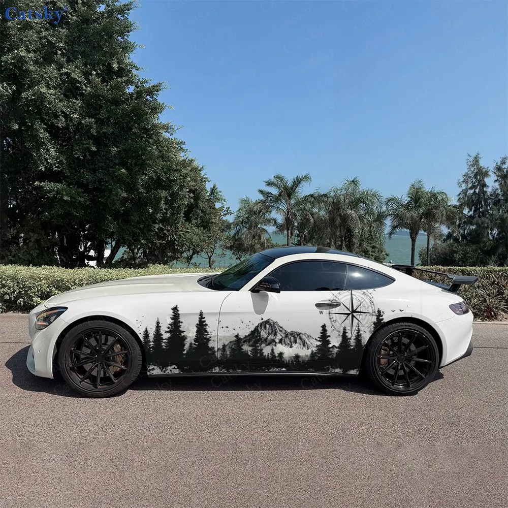 

2pcs Mountain & Compass Painting, Durable, Fade-resistant, Enhance Vehicle Aesthetics With Bold Artistic Design Car Vinyl Wraps