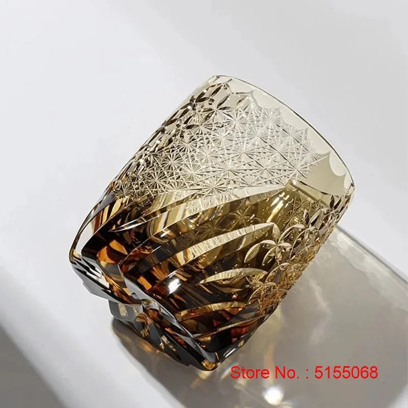 Wind, Flower, Snow And Moon Romantic Themes Edo Kiriko WINE Glass Hand Cut Amber Crystal Whiskey Cup Work Of Art Brandy Snifter