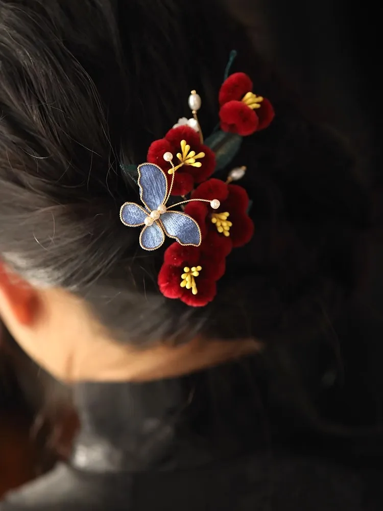 FXLRY Original Handmade Pearl Red Camellia Butterfly Hanfu Hairpin For Women Clip - Image 6
