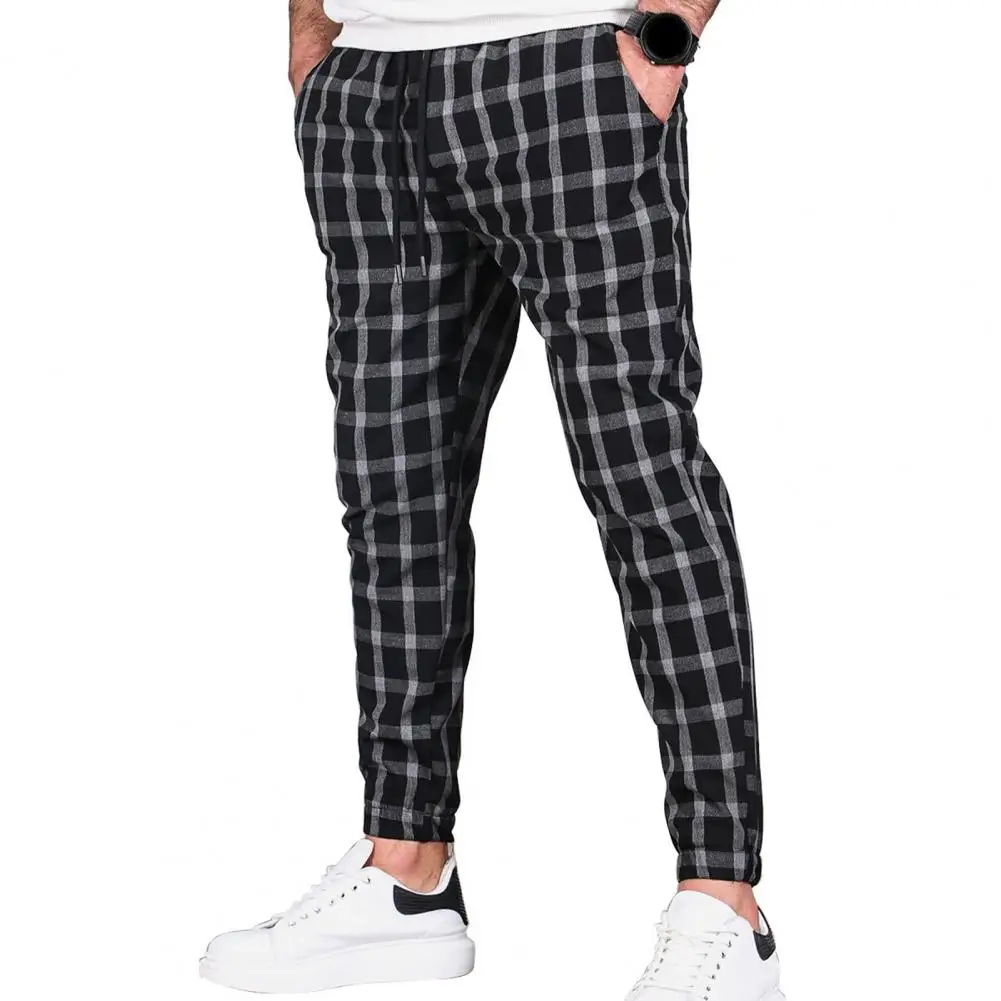 

Men Sports Trousers Plaid Print Jogging with Ankle-banded Pockets Sweatpans