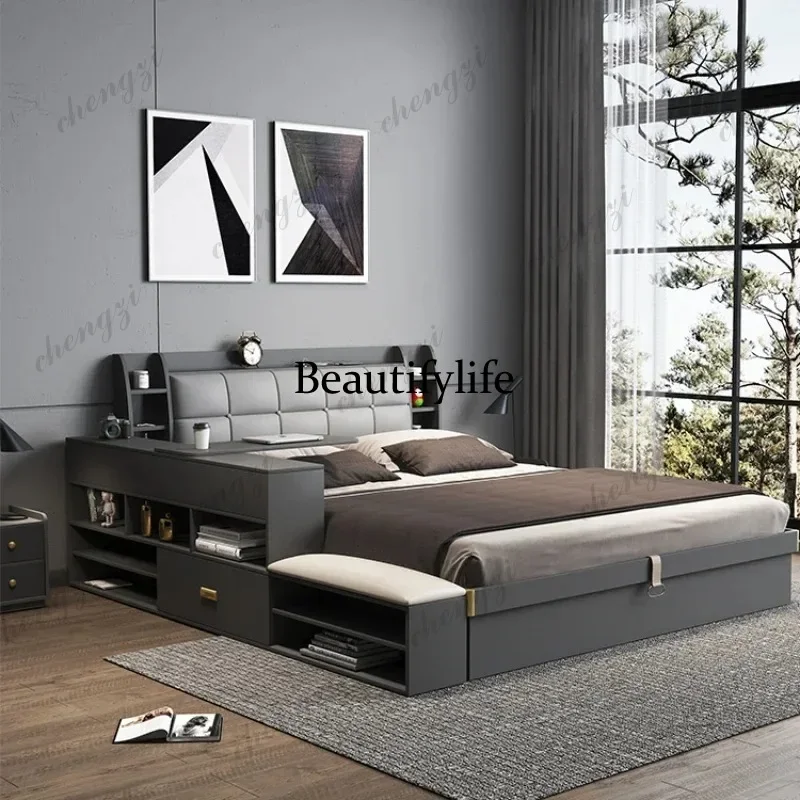 

E182 Wood Headboard Double Bed Frame Drawers Modern Elegant Luxury Bed Frame Full King Queen Size Cama Moderno Lujo Bedroom Furn