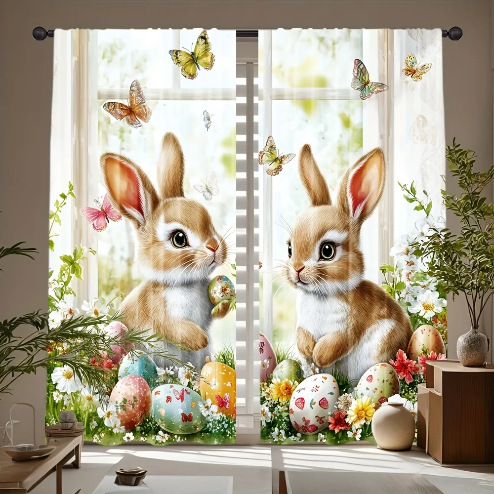 Spring Easter Bunny Curtains Floral Print Window Curtain Panels Nursery Room Decoration Cute Kids Cartoon Window Blinds Decor