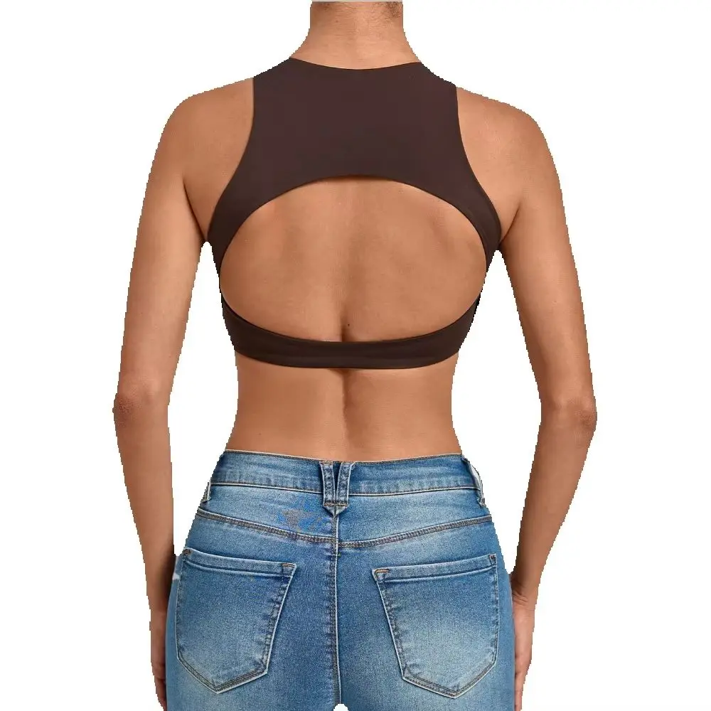 Women High Neck Sports Bra Padded Racerback Open Back Crop Top Solid Yoga Gym Workout Tank Tops Female Activewear Fitness Vest