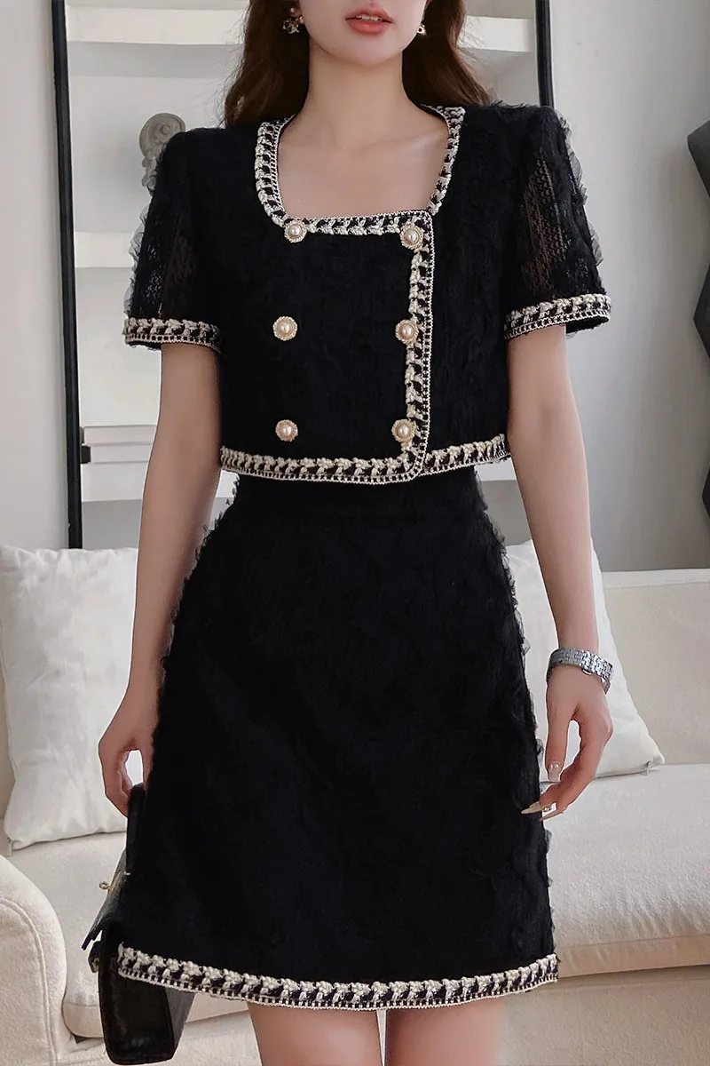 

Summer Patchwork 2 Piece Sets Women Outfits Square Collar Lace Tweed+Knee-Length A-Line Skirt Separately 2025 DABUWAWA DA1BSE005