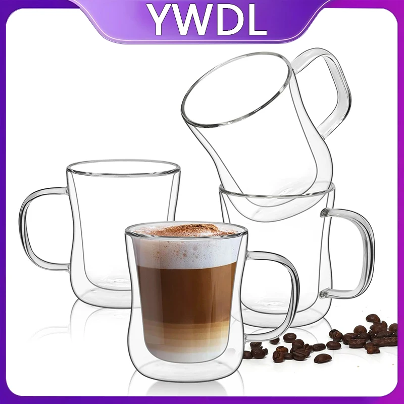 

YWDL 220/300/400ml Double Wall Glass Espresso Cups Clear Coffee Mug With Handle For Hot Cold Beverage Milk Juice Drinkware Set