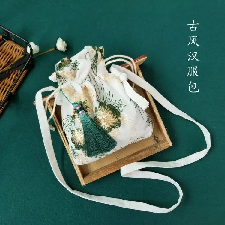 Chinese Traditional Style Embroidered Tassel Drawstring Bag Hanfu Accessory Crossbody Cloth Pouch For Daily Cosplay Event Wear