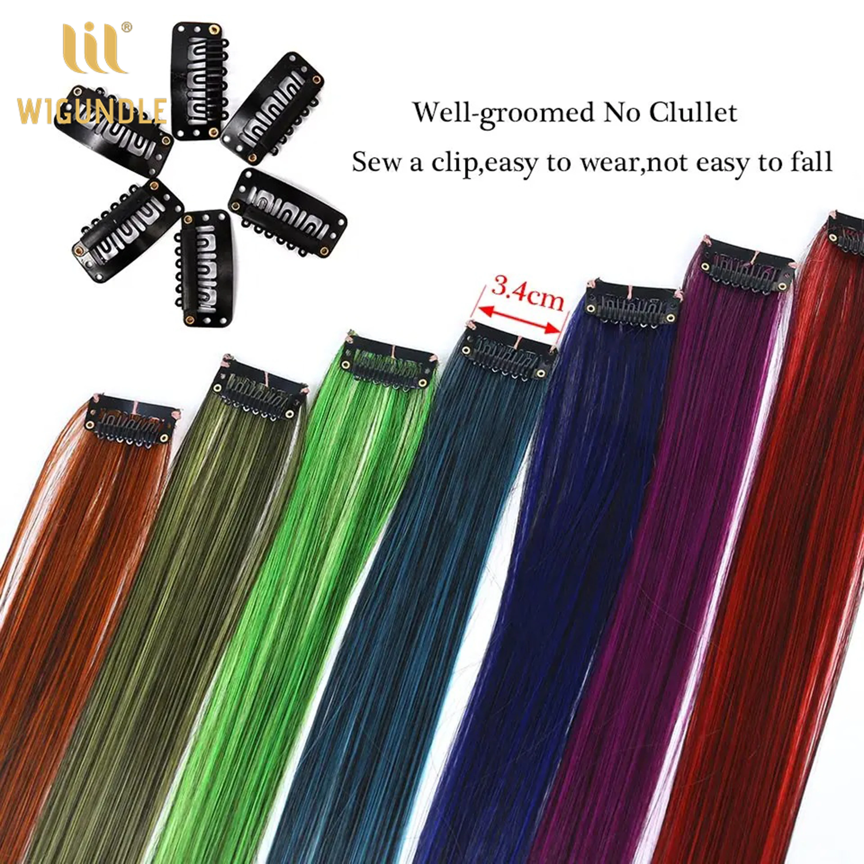 Extensiones de cabello sintético liso de 22 pulgadas, pelo falso con Clip ombré, rosa, morado y amarillo, Color arcoíris, resistente al calor