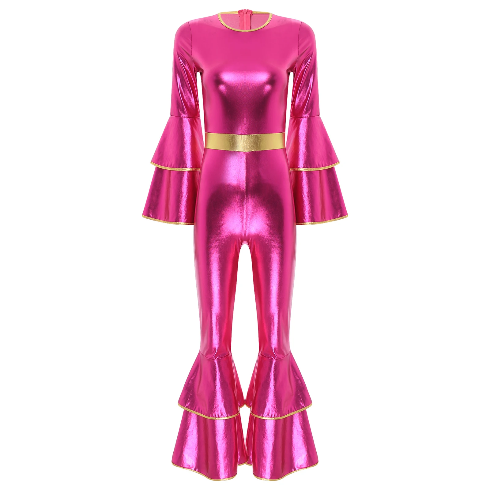 Womens 70S Disco Vintage Jumpsuit Metallic Shiny Flare Sleeve Bodysuit Hippie Bell Bottom Jazz Dance Carnival Rave Party Costume