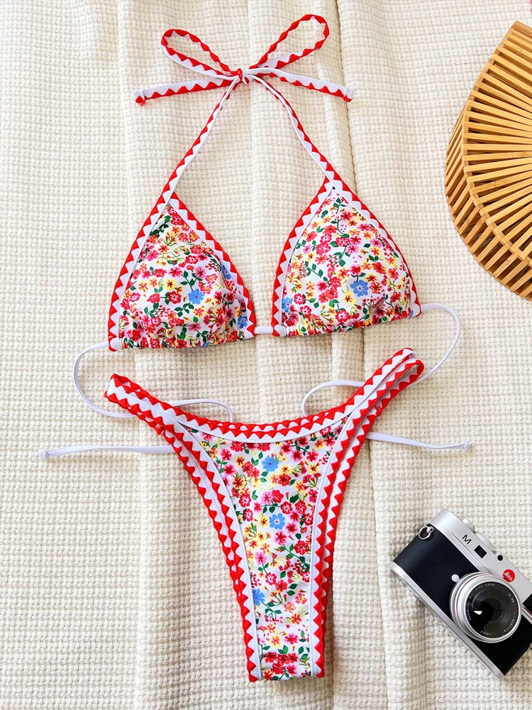 VigoCasey Sexy 2024 Print Tied Halter Swimwear Women Bikini Hollow High Cut Thong Swimsuit Backless Summer Beach Bathing Suit