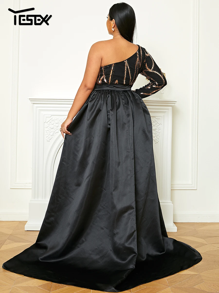 Yesexy New Plus Size Cape Flowy Dress One Shoulder Backless Draped Sequin Maxi Prom Dress Evening Dresses