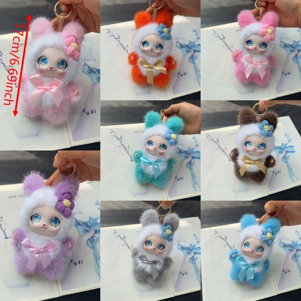 Big Ear with Flower Rabbit Doll Figures Bag Hanging Ornaments Rabbit Plush Keychain Decorations Vinyl Bunny Plush Doll Pendant