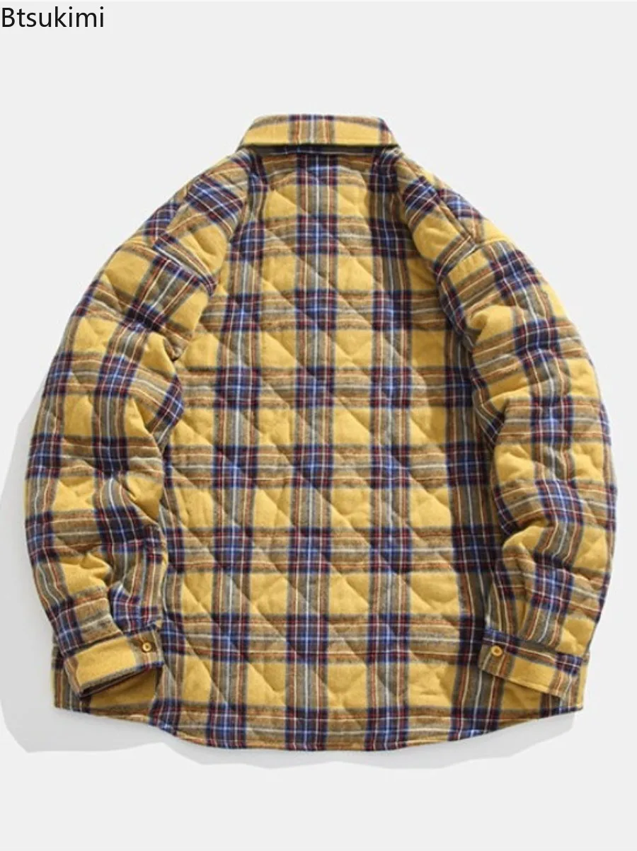 2025 Men's Korean Style Parkas Winter Vintage Thick Plaid Buttons Fashion Male Coat Embroidered Logo Couple Cotton-padded Jacket