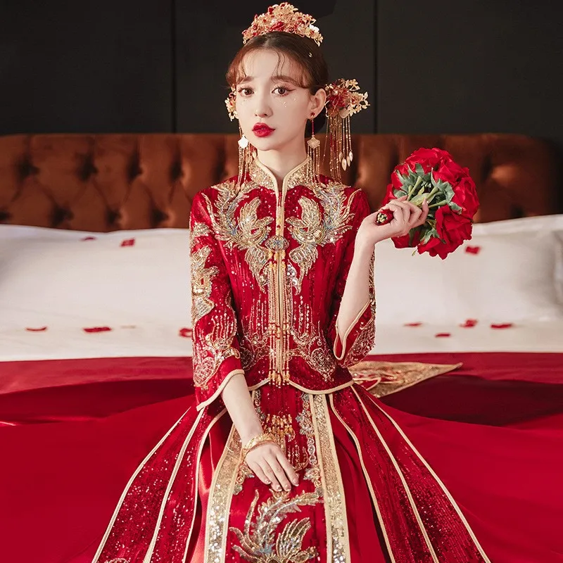 

Новое свадебное платье в китайском стиле с драконом и фениксом для тостов.