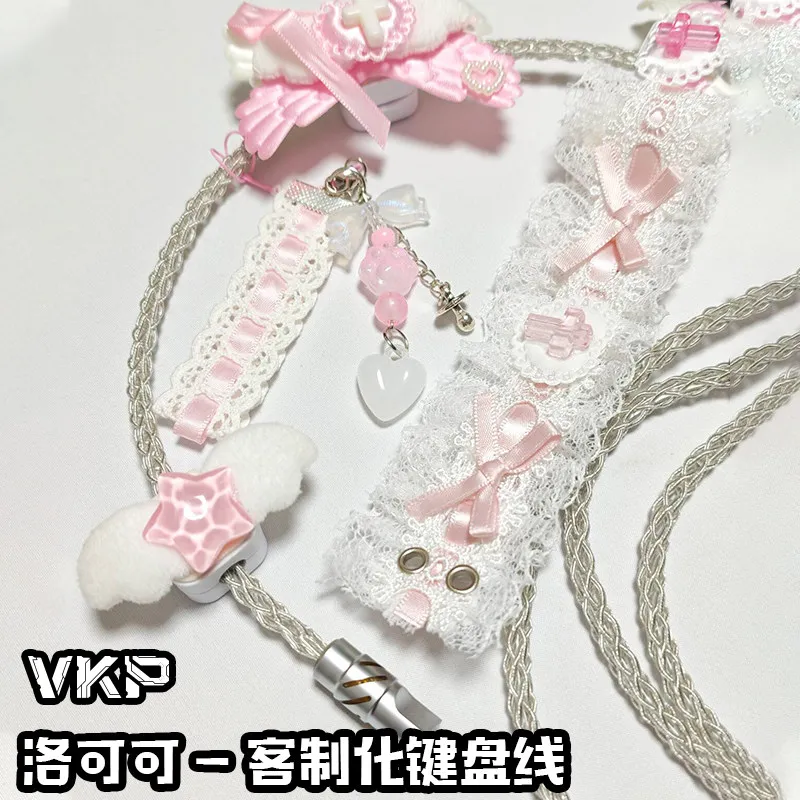 Keyboard Glow Aviation Plug Cable 8k USB-C Custom Pink Single Crystal Copper Keyboard CableCute Rococo Ribbon Keyboard Accessory