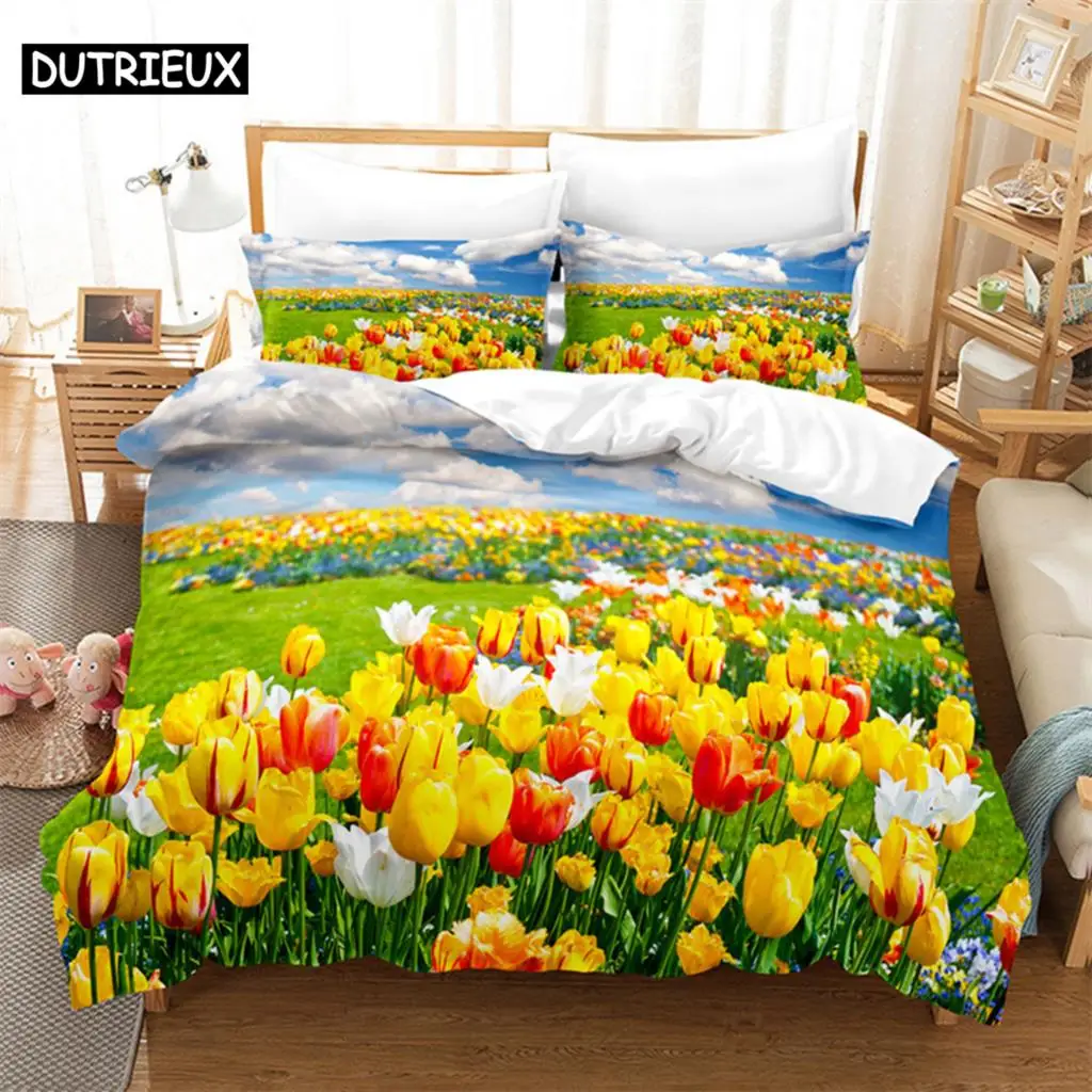 

Flower Landscape Queen Bedding Set Duvet Cover Kids Bedroom Bed Set Comforter Cover Set King Size Duvet Cover Set Bedding Sets
