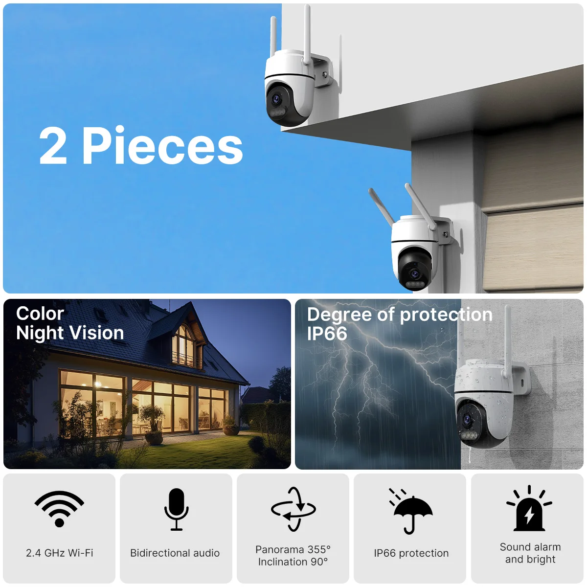 WONSDAR 2pcs PTZ WiFi Camera Outdoor IP Camera Video Surveillance Smart Home Security Protection Motion Detection Alarm iCsee